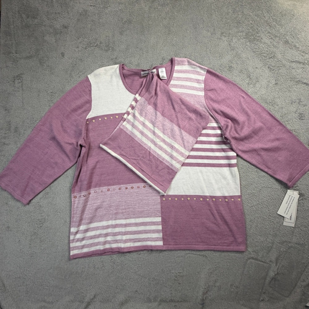 NWT Alfred Dunner Rose Pink Striped Embellished Sweater Scarf Set 2X LT NEW